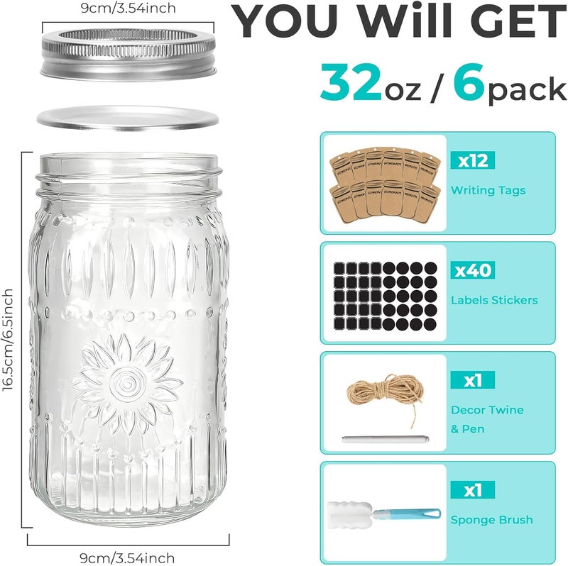 CycleMore 6 Pack 32oz Glass Mason Jars with Silver Two-Piece Lids - Wide Mouth Jars, 1 Quart Canning Jars With Sunflower Print for Preserving, Decor & Storage - Image 2